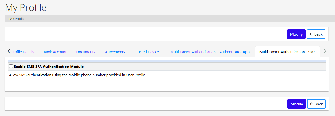 My Profile → Multi-Factor Authentication - SMS